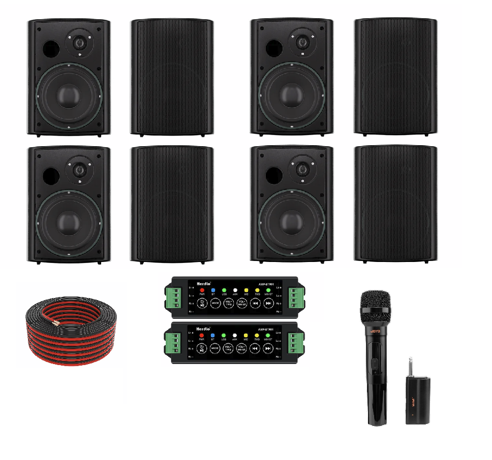 Economy, Outdoor, Speaker, system, with, Dual, 200W, Bluetooth, enabled, Amplifiers, and, 8, Outdoor, speakers., 