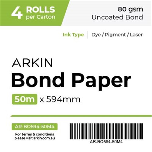 Paper A1/Arkin: Arkin, Bond, Paper, A1, 80GSM, -, 594MM, X, 50M, (Box, of, 4, rolls), 