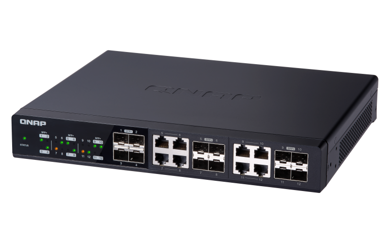 Storage - External/QNAP: QNAP, QSW-1208-8C:, Twelve, 10GbE, SFP+, ports, with, shared, eight, 10GBASE-T, ports, unmanage, switch, NBASE-T, support, for, 5-speed, 