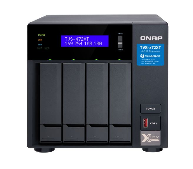 QNAP, TVS-472XT-PT-4G, 4, Bay, NAS, IntelÂ®, Pentium, G5400T, 2-core, 3.1, GHz, 4GB, DDR4, Hot-swappable, 2, xPCIe, 2xGbE, 1x10GBASE-T, 2x, 