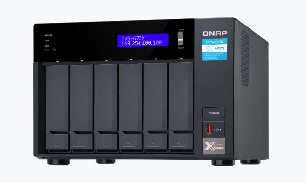 QNAP, TVS-672X-i3-8g, 6, Bay, NAS, ntelÂ®, Coreâ„¢, i3-8400T, six-core, 3.3, GHz, 8GB, DDR4, Hot-swappable, 2xM.2, 2280, PCIe, 2xGbE, 1x10, 