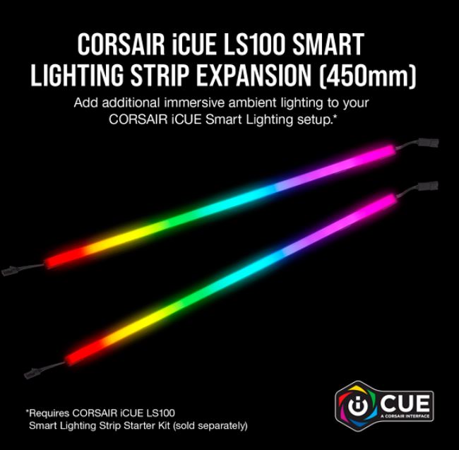 Corsair, iCUE, LS100, Smart, Lighting, Strip, Expansion, Kit, 2x, 450mm, Addressable, LED, Strip, RGB, Ext, Cable, Adhesive, Tape, Cab, 