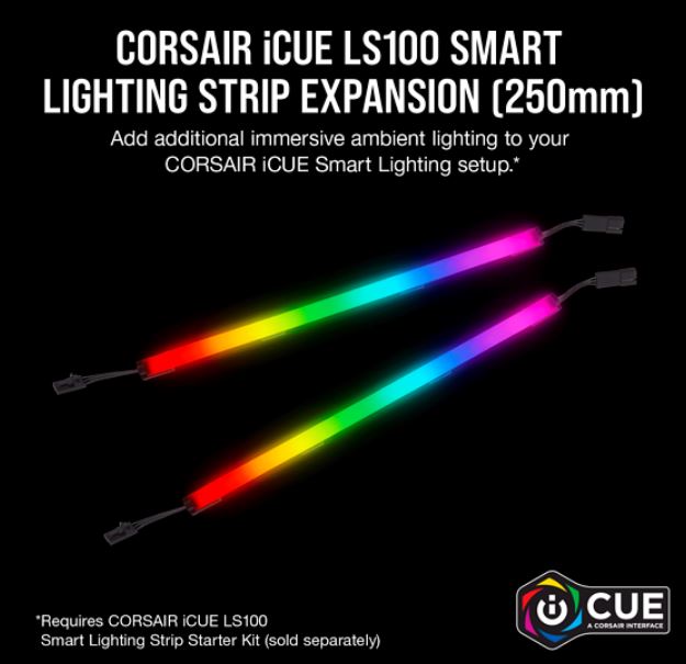 Corsair, iCUE, LS100, Smart, Lighting, Strip, Expansion, Kit, -2x, 250mm, Addressable, LED, Strip, RGB, Ext, Cable, Adhesive, Tape, Cab, 