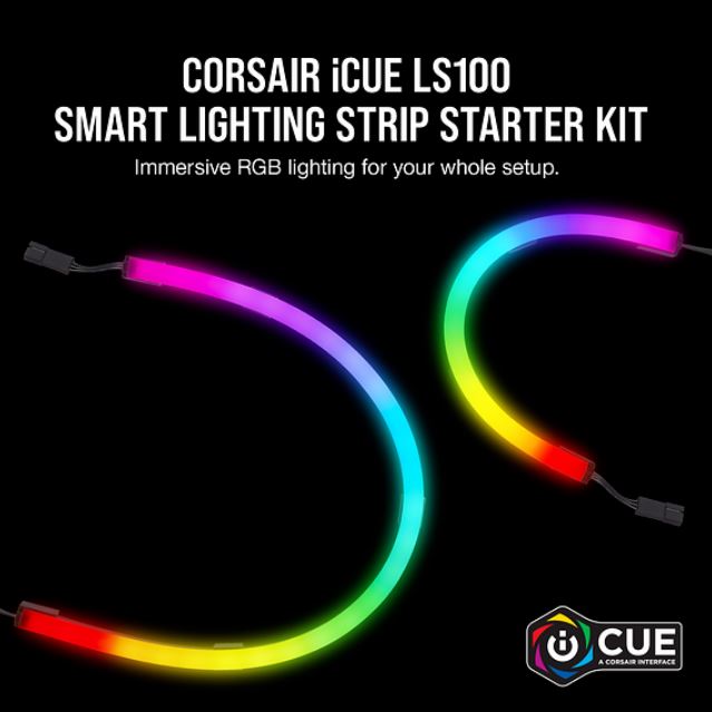 Corsair, iCUE, LS100, Smart, Lighting, Strip, Starter, Kit., 1x, Controller, 2x, 250mm, and, 2x, 450mm, addressable, LED., iCUE, Softwar, 
