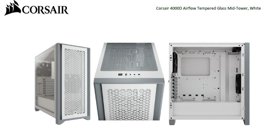 Corsair, Carbide, Series, 4000D, Airflow, ATX, Tempered, Glass, White, 2x, 120mm, Fans, pre-installed., USB, 3.0, x, 2, Audio, I/O., Case, 