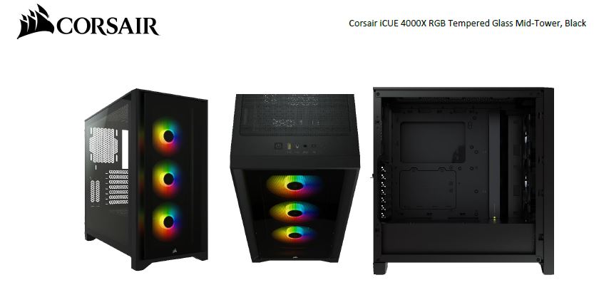 Corsair, Carbide, Series, 4000X, RGB, E-ATX, ATX, Tempered, Glass, Front, &, Side., Black, 3x, 120mm, RGB, Fans, pre-installed., USB, 3.0, 