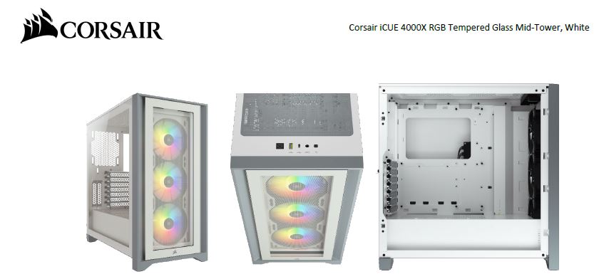 Corsair, Carbide, Series, 4000X, RGB, E-ATX, ATX, Tempered, Glass, Front, &, Side., White, 3x, 120mm, RGB, Fans, pre-installed., USB, 3.0, 