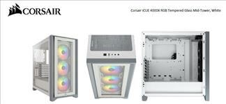 Corsair, Carbide, Series, 4000X, RGB, E-ATX, ATX, Tempered, Glass, Front, &, Side., White, 3x, 120mm, RGB, Fans, pre-installed., USB, 3.0, 