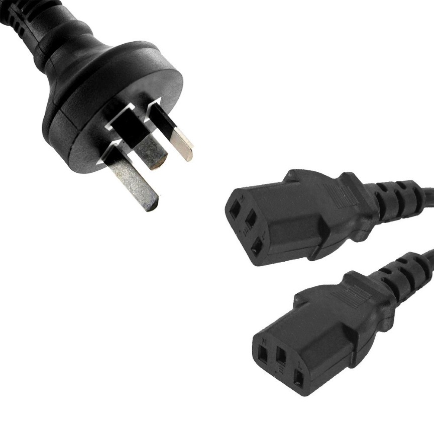 Cables/8ware: 8ware, 1m, 10amp, Y, Split, Power, Cable, with, AU/NZ, 3-pin, Male, Plug, 2xIEC, F, C13, Socket, &, Cord, for, PC, &, Monitor, to, Wall, Power, S, 