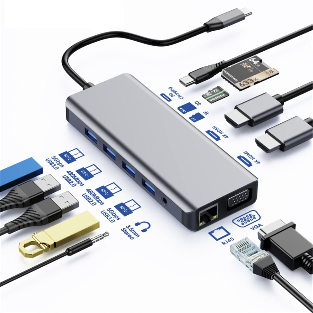 Cables/Astrotek: USB, C, Dock, 12, in, 1, with, 2X, HDMI, 1X, VGA, 1XRJ45, 3XUSB3.0, 1x, usb, 2.0, TF/SD, Card, Reader, 3.5mm, Audio, Type, C, PD, charg, 