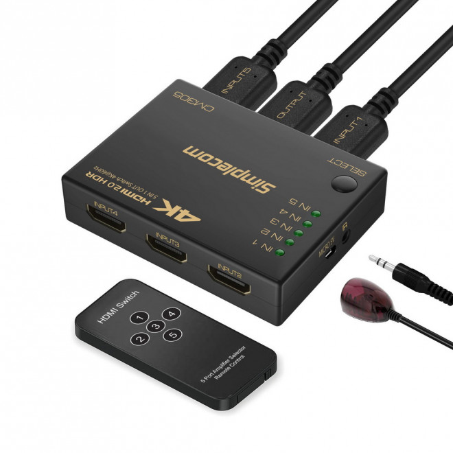 Cables/Simplecom: Simplecom, CM305, Ultra, HD, 5, Way, HDMI, Switch, 5, IN, 1, OUT, Splitter, 4K@60Hz, 