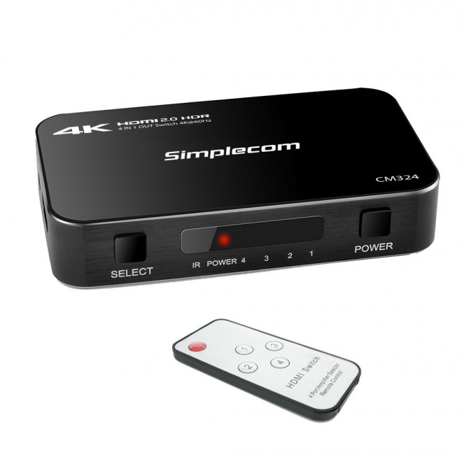 Cables/Simplecom: Simplecom, CM324, 4, Way, HDMI, 2.0, Switch, 4, IN, 1, OUT, Ultra, HD, 4K, 60Hz, HDR, HDCP, 2.2, 