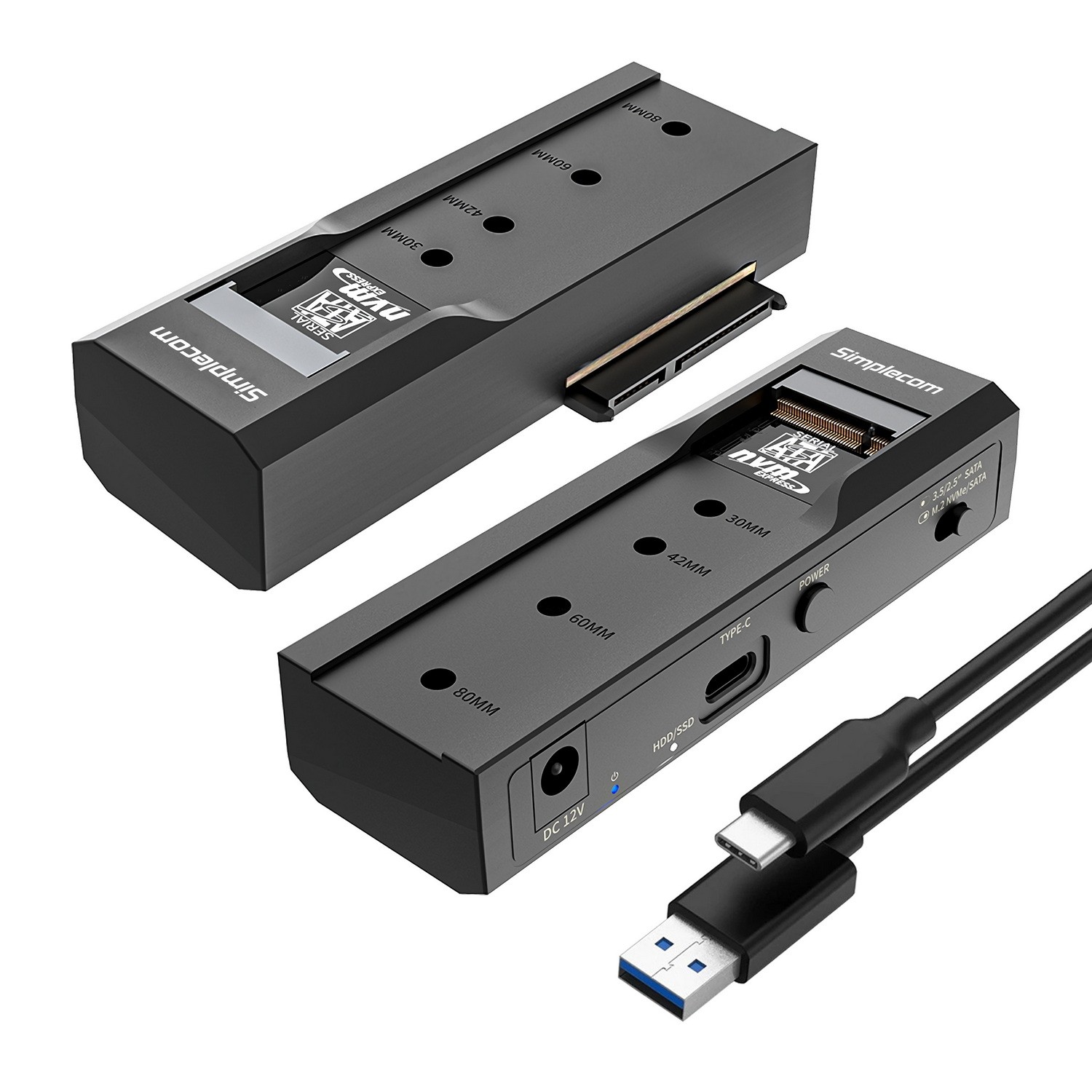 Simplecom, SA536, USB, to, M.2, and, SATA, 2-IN-1, Adapter, for, 2.5, /3.5, HDD, &, NVMe/SATA, M.2, SSD, with, Power, Supply, USB, 3.2, Gen2, 