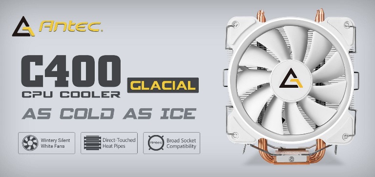 Antec, C400, GLACIAL, White, Air, CPU, Cooler, 77, CFM, 8mm, Copper, Base., 115X, 2011, 2066, AM3, AM3+, FM1, FM2, FM2+, 3, Years, Wa, 