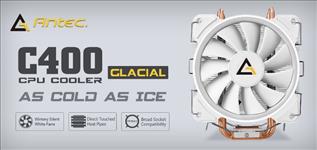 Antec, C400, GLACIAL, White, Air, CPU, Cooler, 77, CFM, 8mm, Copper, Base., 115X, 2011, 2066, AM3, AM3+, FM1, FM2, FM2+, 3, Years, Wa, 