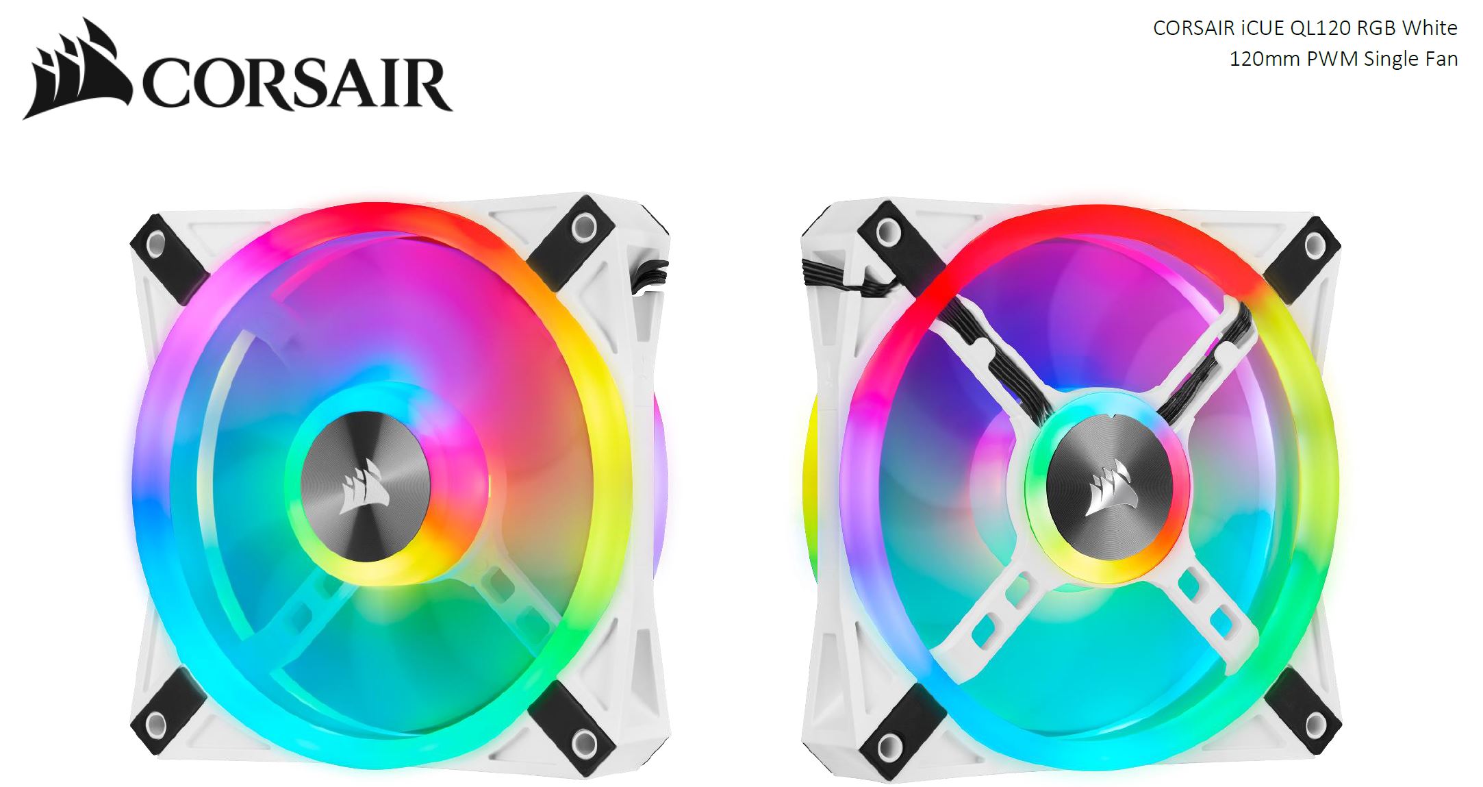 Corsair, QL120, RGB, White, ICUE, 120mm, RGB, LED, PWM, Fan, 26dBA, 41.8, CFM, Single, Pack, 