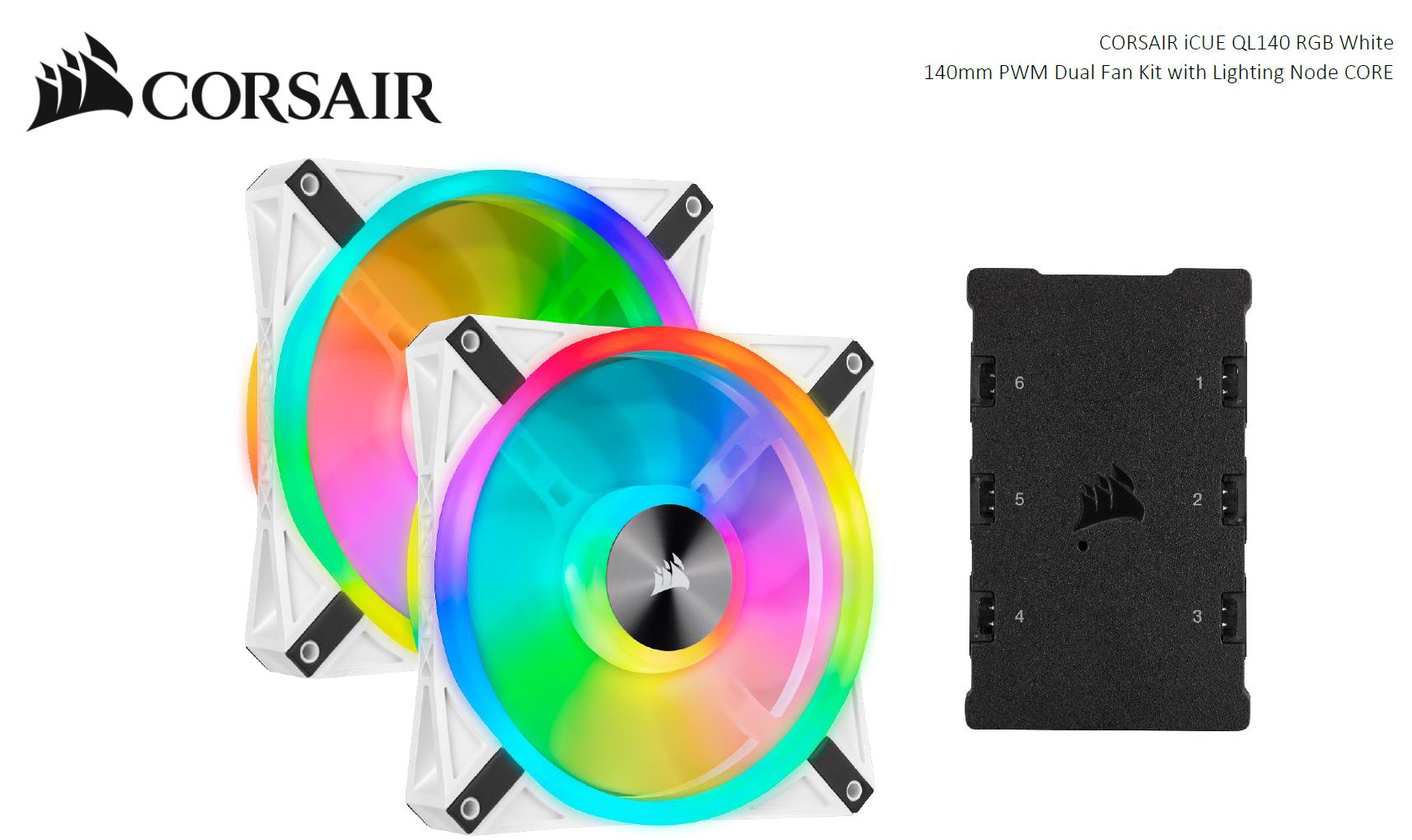 Corsair, QL140, RGB, White, Dual, Fan, Kit, with, Lighting, Node, Core, ICUE, 140mm, RGB, LED, PWM, Fan, 26dBA, 50.2, CFM, 2, Fan, Pack, 