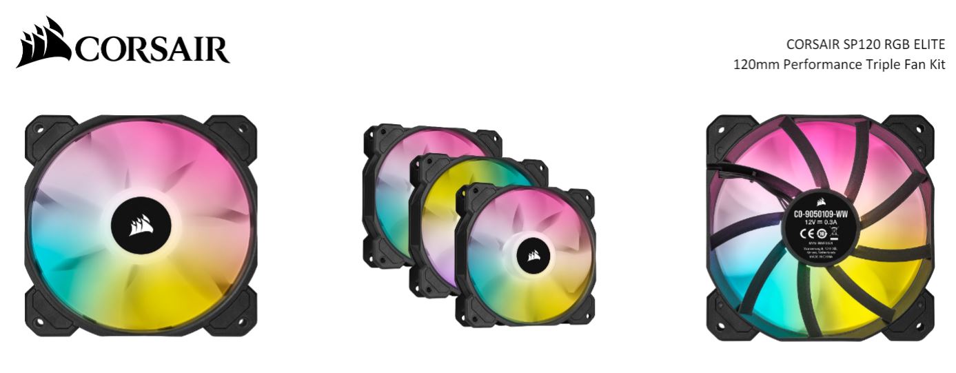 Corsair, Black, SP120, RGB, ELITE, 120mm, RGB, LED, PWM, Fan, with, AirGuide, Low, Noise, High, CFM, Triple, Pack, with, Lighting, Node, 