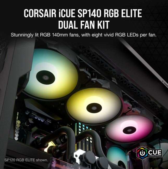 Case Accessories/Corsair: Corsair, SP140, RGB, ELITE, 140mm, RGB, LED, Fan, with, AirGuide, Dual, Pack, with, Lighting, Node, CORE, 