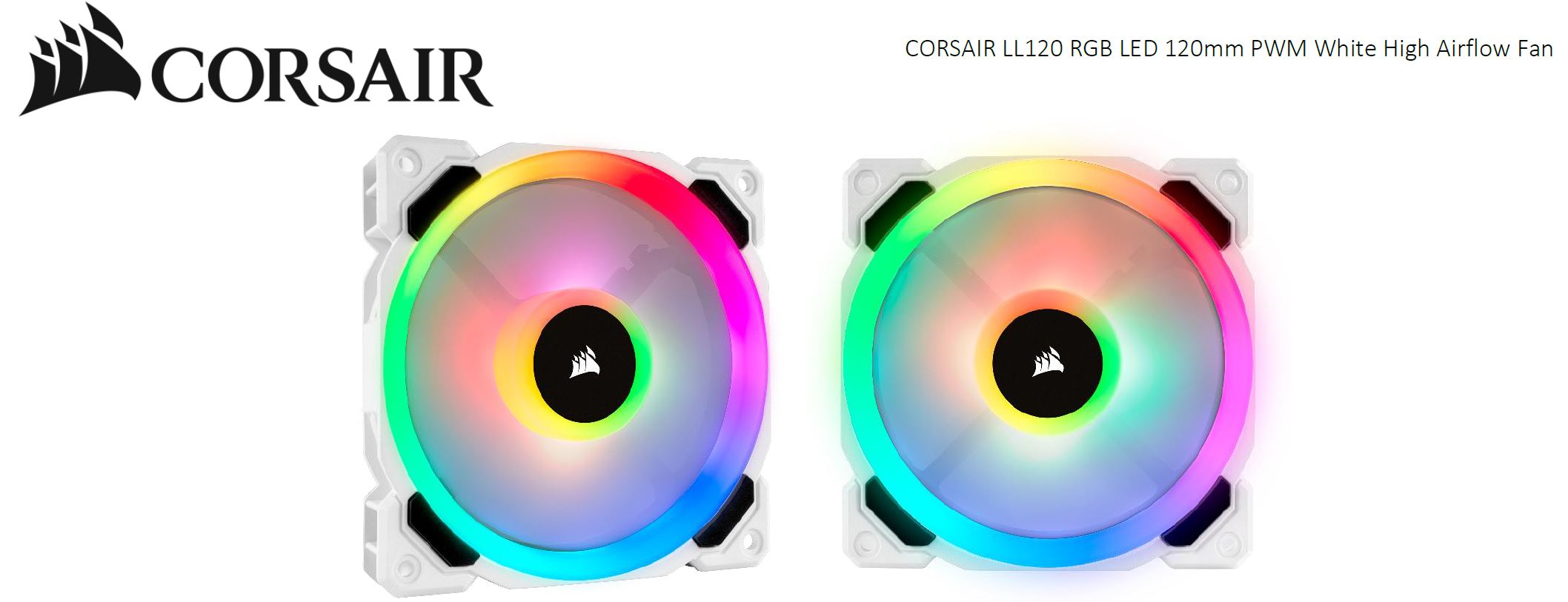 Corsair, Light, Loop, Series, White, LL120, RGB, 120mm, Dual, Light, Loop, RGB, LED, PWM, Fan, Single, Pack, 