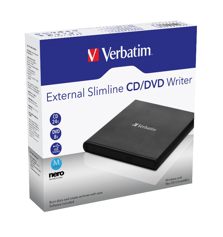 Optical Drives (DVD/Blu-Ray)/Verbatim: Verbatim, External, Slimline, Mobile, CD/DVD, Writer, USB, 2.0, Black, (L), 