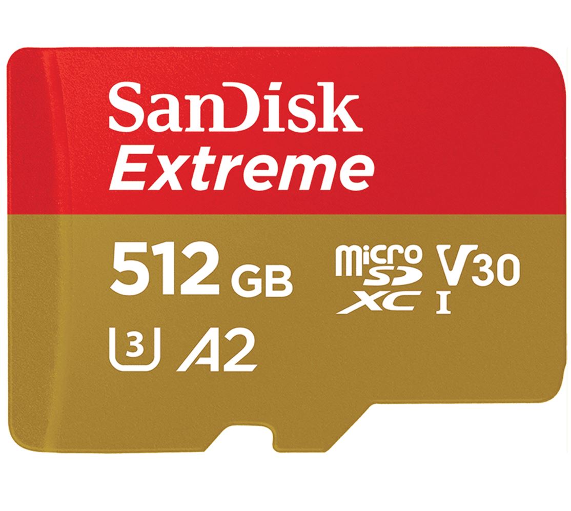 SanDisk, Extreme, 512GB, microSD, SDHC, SQXAF, V30, U3, C10, A1, UHS-1, 160MB/s, R, 90MB/s, W, 4x6, SD, Adaptor, Android, Smartphone, Action, 
