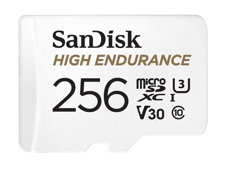 SanDisk, 256GB, microSD, High, Endurance, 100MB/s, 40MB/s, 20K, hrs, 4K, UHD, C10, U3, V30, -40Â°C, to, 85Â°C, Heat, Freeze, Shock, Temperat, 