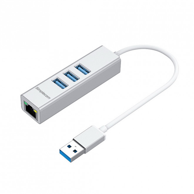 Simplecom, CHN420, Silver, Aluminium, 3, Port, SuperSpeed, USB, HUB, with, Gigabit, Ethernet, Adapter, 