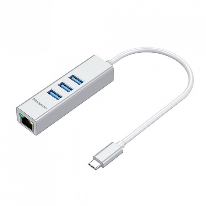 Simplecom, CHN421, Silver, Aluminium, USB-C, to, 3, Port, USB, HUB, with, Gigabit, Ethernet, Adapter, 