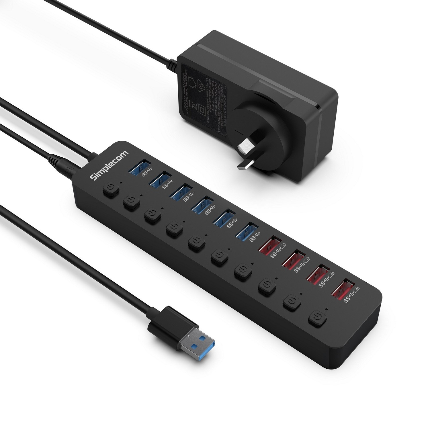 Simplecom, CHU810, 48W, 10-Port, USB, 3.0, Hub, and, Charger, with, Individual, Switches, 12V/4A, Power, Adapter, BC1.2, Fast, Charging, 