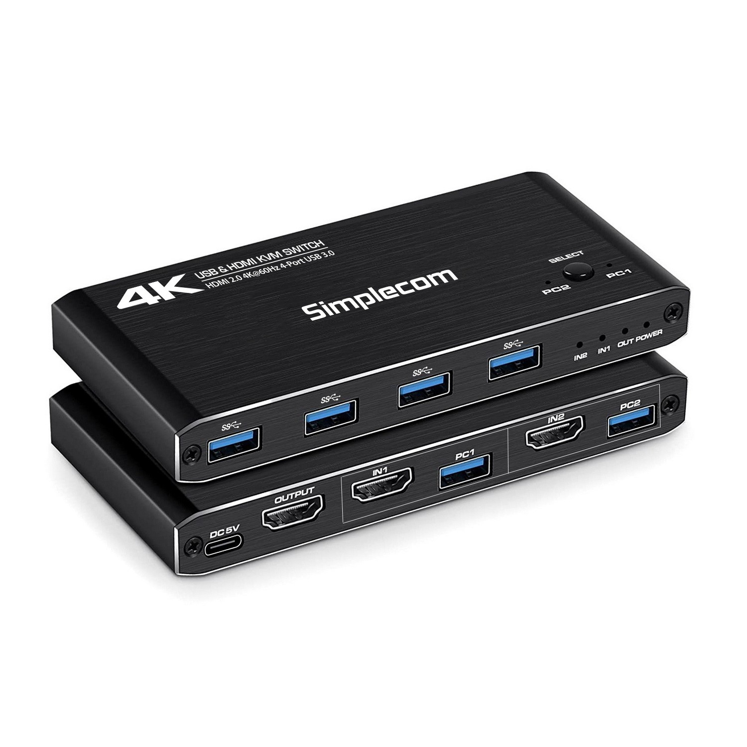 Simplecom, KM420, 2-Port, HDMI, KVM, Switch, HDMI, 2.0, 4K@60Hz, 4-Port, USB, 3.0, Hub, 5Gbps, 