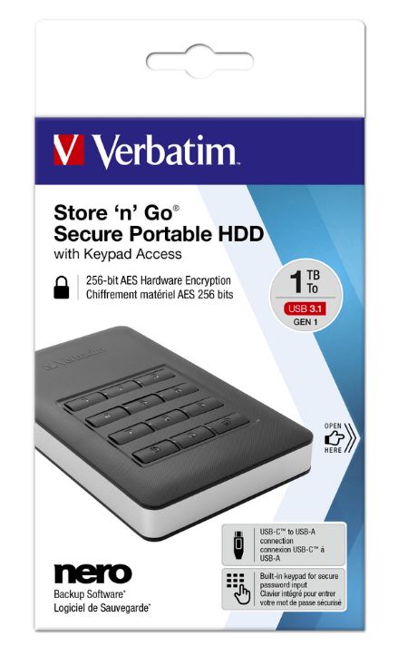 Verbatim, USB, 3.1, Store, n, Go, Secure, Solid, State, Drive, (SSD), w/Keypad, Access, 1TB, -, Black, 