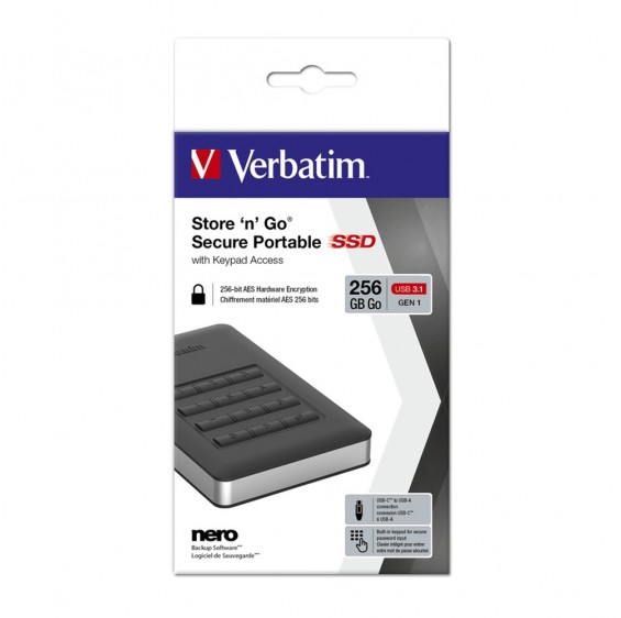 Verbatim, USB, 3.1, Store, n, Go, Secure, Solid, State, Drive, (SSD), w/Keypad, Access, 256GB, -, Black, 