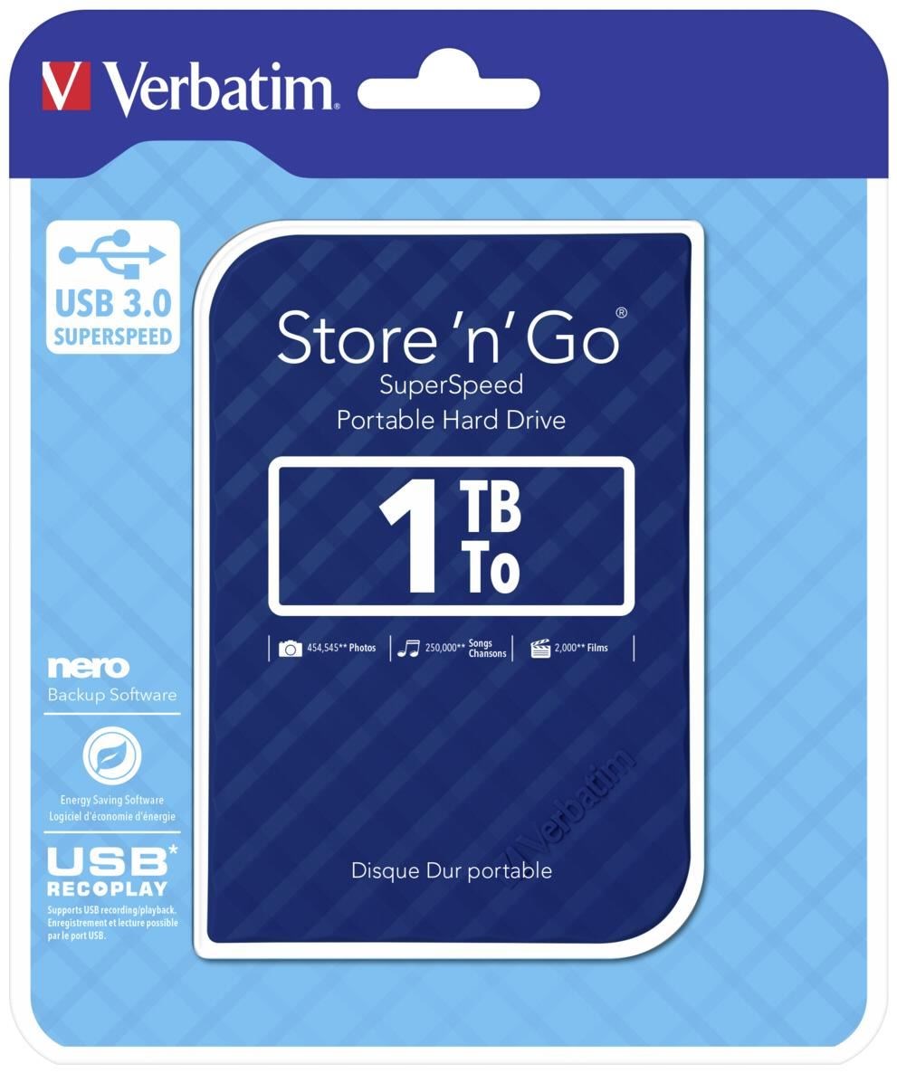 Verbatim, 1TB, 2.5, USB, 3.0, Blue, Store, n, Go, Disk, Grid, Design, 