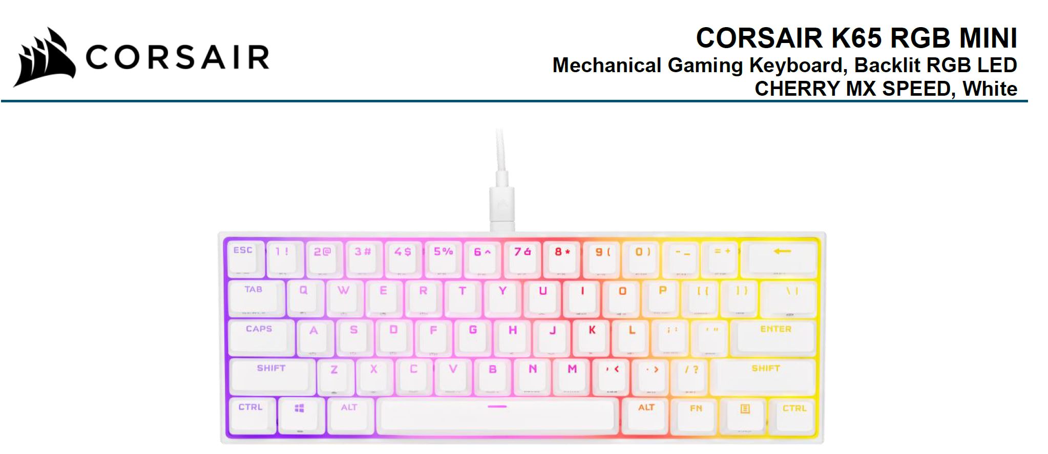 Keyboards and Mice/Corsair: Corsair, K65, RGB, MINI, 60%, Mechanical, Gaming, Keyboard, Backlit, RGB, LED, CHERRY, MX, SPEED, Keyswitches, White, 