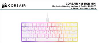 Corsair, K65, RGB, MINI, 60%, Mechanical, Gaming, Keyboard, Backlit, RGB, LED, CHERRY, MX, SPEED, Keyswitches, White, 