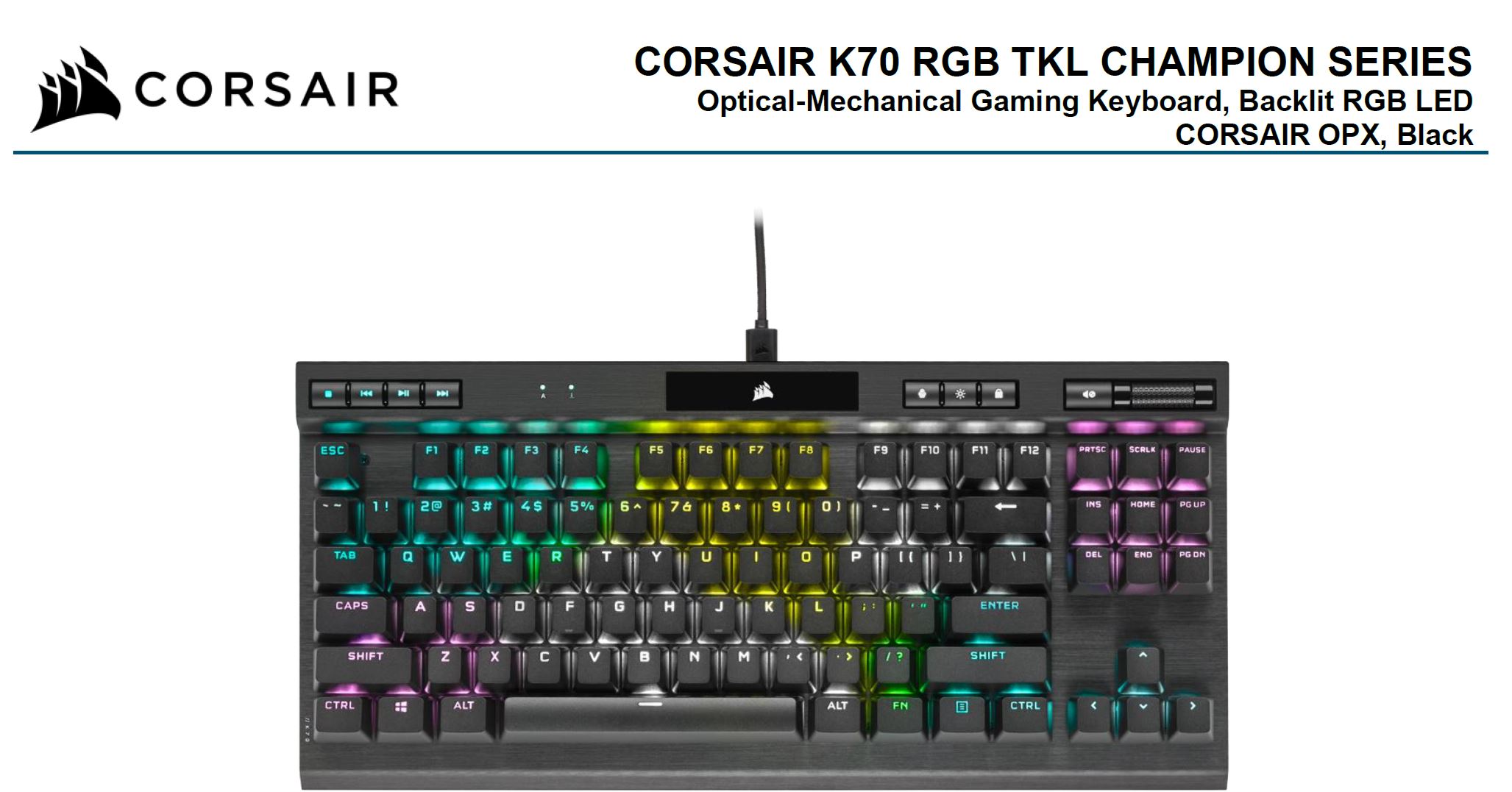 Keyboards and Mice/Corsair: Corsair, K70, RGB, TKL, OPX, Silver, RGB, Mechanical, Gaming, Keyboard, Backlit, RGB, LED, CHERRY, Keyswitches, Black, 