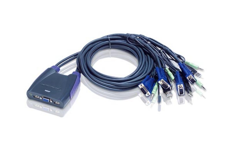 Aten, Compact, KVM, Switch, 4, Port, Single, Display, VGA, w/, audio, 1.8m, Cable, Computer, Selection, Via, Hotkey, 