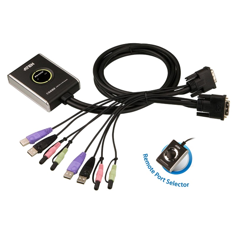 Aten, Compact, KVM, Switch, 2, Port, Single, Display, DVI, w/, audio, 1.2m, Cable, Remote, Port, Selector, 