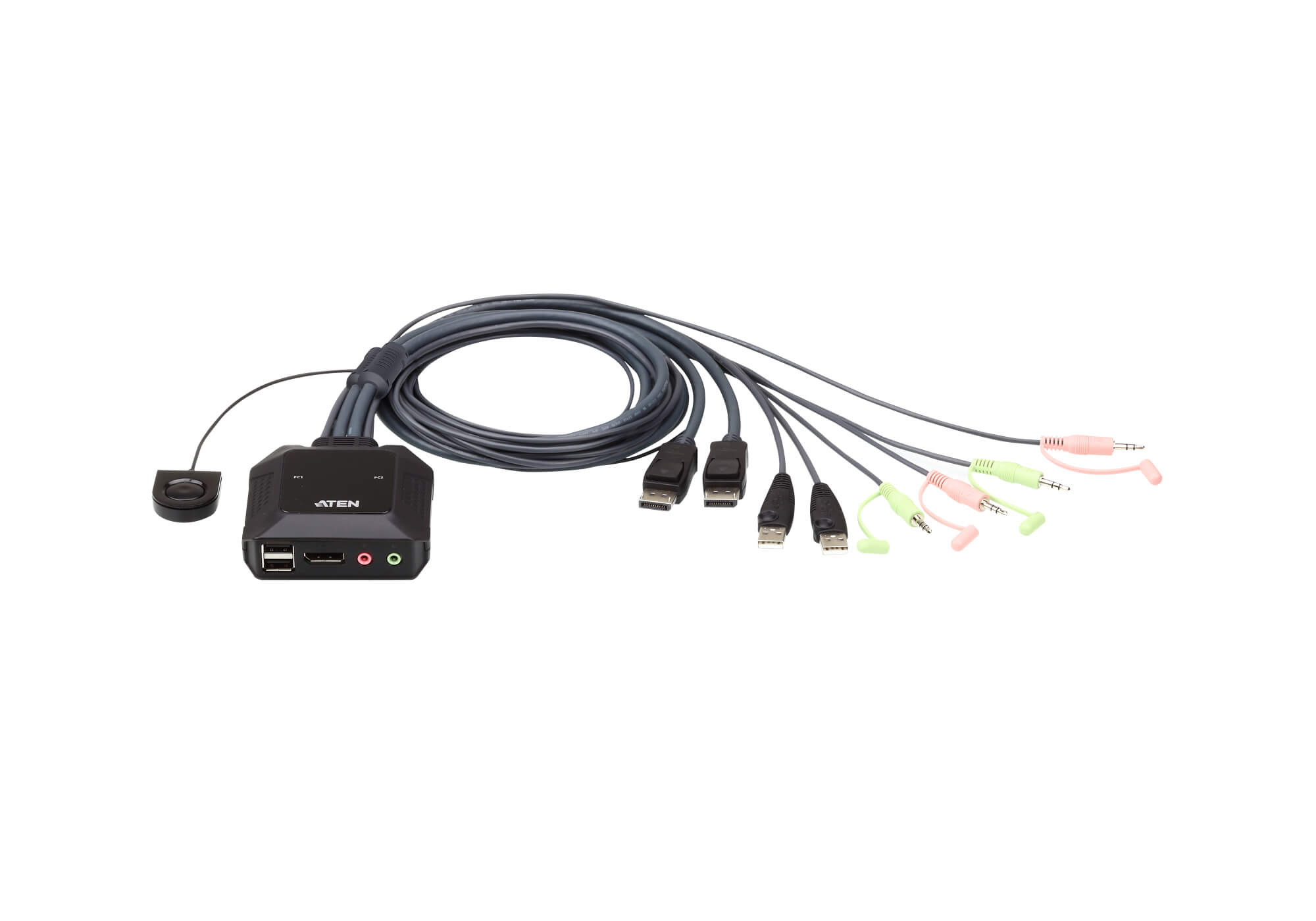 KVM Switches/Aten: Aten, Compact, KVM, Switch, 2, Port, Single, Display, Display, Port, w/, Audio, Remote, Port, Selector, USB, Hot-Plugging, 