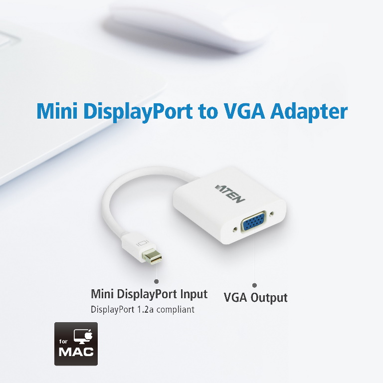 Aten, Mini, DisplayPort, to, VGA, Adapter, Supports, VGA, SVGA, XGA, SXGA, UXGA, and, resolutions, up, to, 1920x1200(PC), /, 1080p(H, 