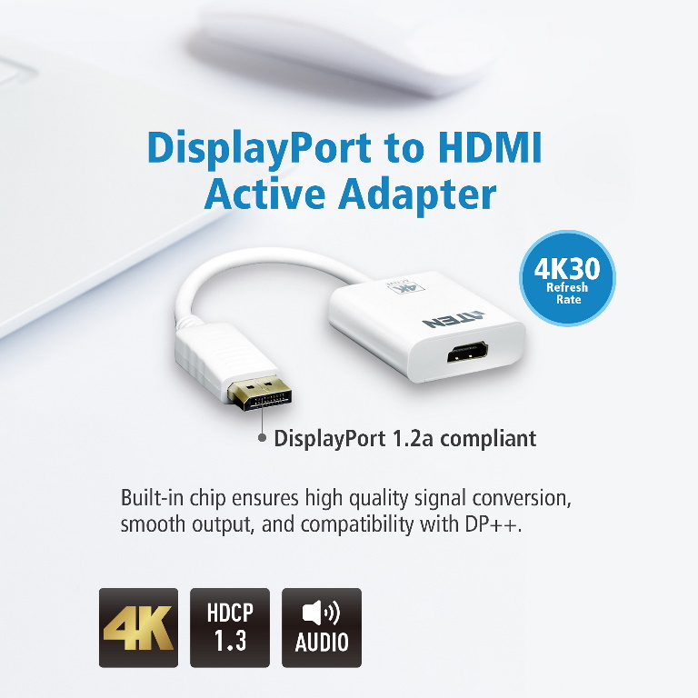 Aten, 4K, DisplayPort, to, HDMI, Active, Adapter, Supports, VGA, SVGA, XGA, SXGA, UXGA, 1080p, and, resolutions, up, to, 4K, UHD, Sup, 