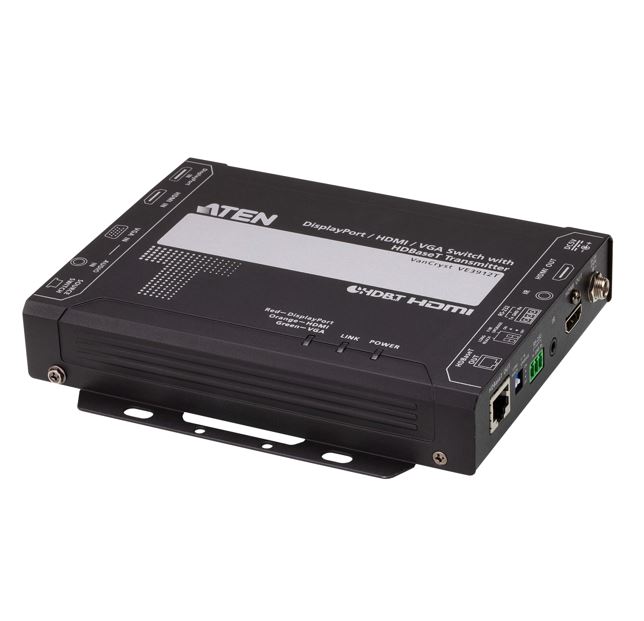 Aten, VE3912T, 4K, DisplayPort, /, HDMI, /, VGA, Switch, with, HDBaseT, Transmitter, Auto, Switch, Mode, Mirrored, Video, Output, PoH, 