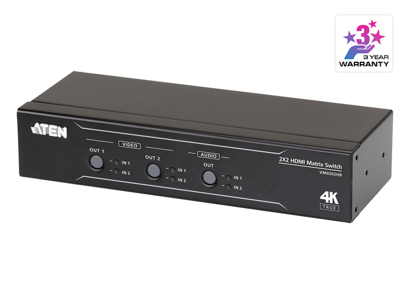 Aten, VM0202HB, 2x2, True, 4K, HDMI, Matrix, Switch, with, audio, de-embedder, supports, control, via, pushbuttons, IR, remote, or, RS23, 