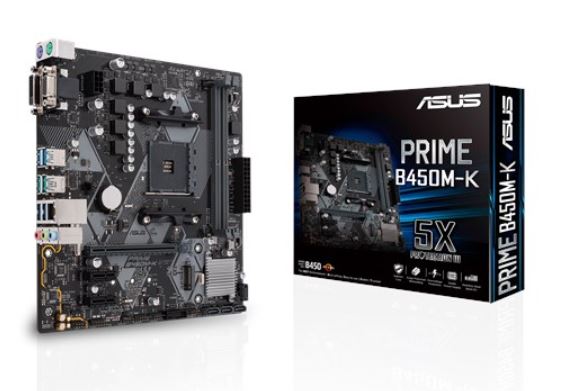 ASUS, PRIME, B450M-K, AM4, mATX, MB, 2xDDR4, 3xPCIe, 4xSATA, 1xM.2, RAID, 6xUSB3, 1xDVI, 1xVGA, 