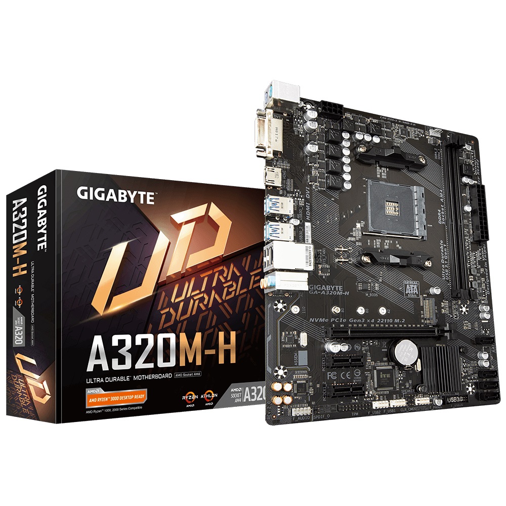 Gigabyte, A320M-H, 2.0, Ryzen, AM4, mATX, MB, 2xDDR4, 3xPCIE, M.2, HDMI, DVI, RAID, Realtek, GbE, LAN, 4xSATA3, 4xUSB3.1, GA-A320M-H, 