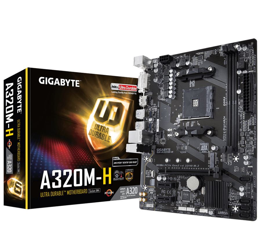 Gigabyte, GA-A320M-H, Ryzen, AM4, mATX, MB, 2xDDR4, 3xPCIE, M.2, HDMI, DVI, RAID, Realtek, GbE, LAN, 4xSATA3, 4xUSB3.1, ~GA-A320M-HD2, 