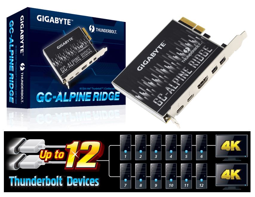 Gigabyte, Alpine, Ridge, V2, Dual, Thunderbolt, 3, Card, for, H270, Z270, Z370, X299, Series, 3, Ports, USB-C, 40, Gb/s, DisplayPort, 1.2, 4K, 