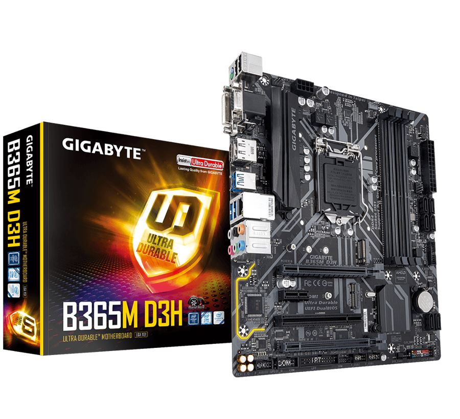 Gigabyte, B365M, D3H, LGA1151, 9Gen, mATX, MB, 4xDDR4, 4xPCIe, DVI-D, HDMI, M.2, 6xSATA, CrossFire, USB-C, 5xUSB3.1, 6xUSB2.0, GbE, LAN, ~, 