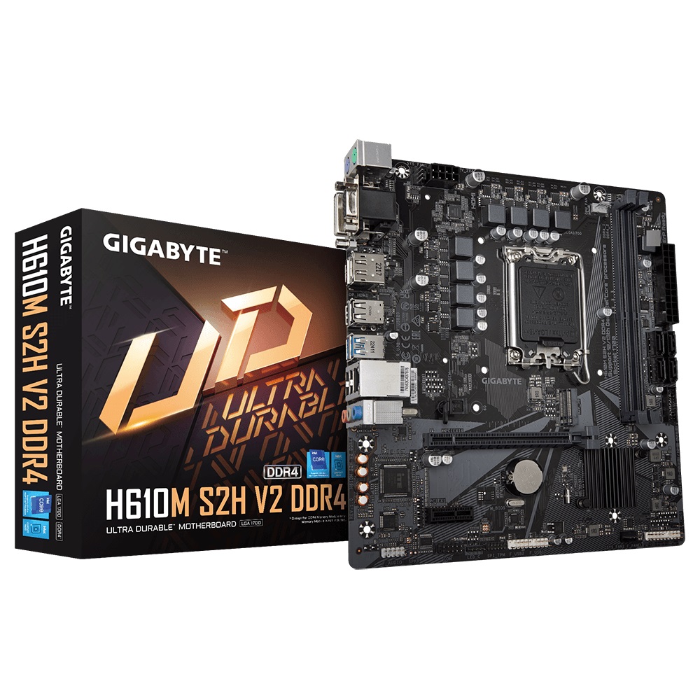 (LS), Gigabyte, H610M, S2H, V2, DDR4, Intel, LGA, 1700, mATX, Motherboard, 2x, DDR4, ~64GB, 1x, PCI, x16, 1x, PCI=E, x1, 1x, M.2, 4x, SATA, 